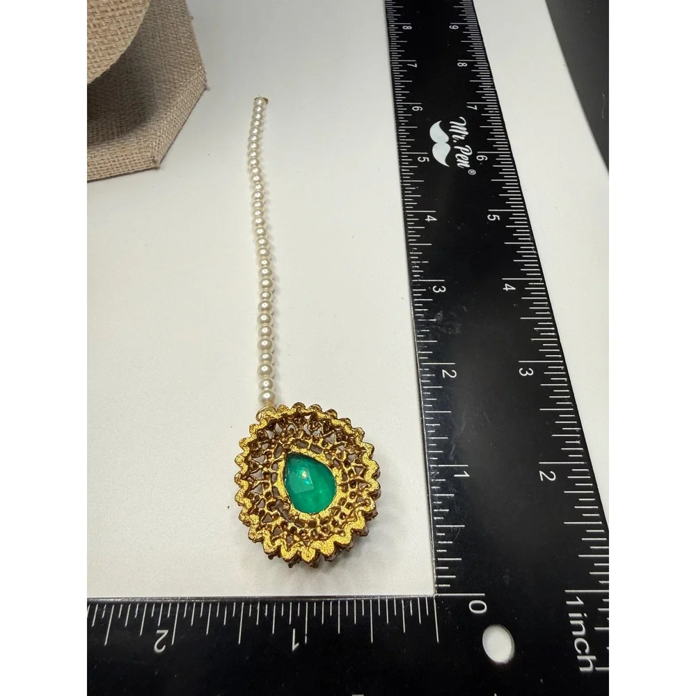 Green Crystal Maang Tikka Gold‎ Tone Pearl Bead Indian Wedding Hair Jewelry